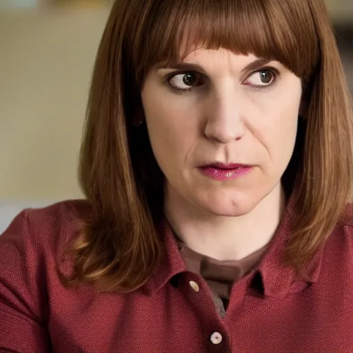 Prompt: Still image from Better Call Saul of Kim Wexler with brown hair and bangs