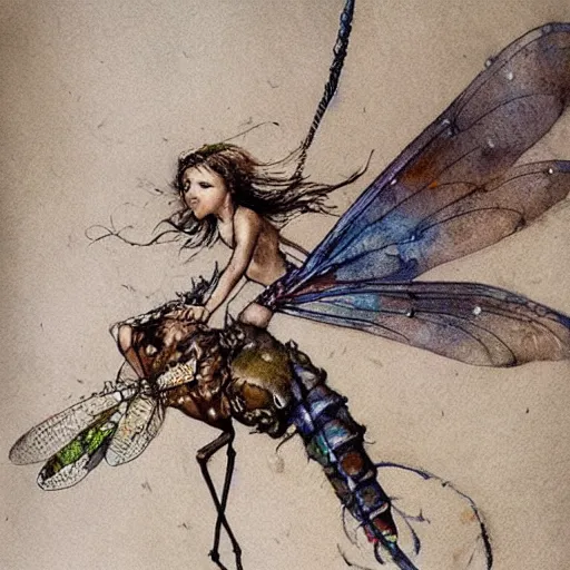 Prompt: a fairy riding a dragonfly, muted color, watercolor ink illustration, painterly, splatters, detailed, by jean - baptiste monge, by alan lee