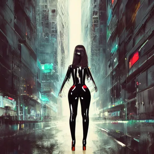 Image similar to lady dressed in latex catsuit, in a futuristic cyberpunk city, long hair, high heels, walking towards camera, cinematic, low angle, fog, wide angle, by John Berkey , trending on art station