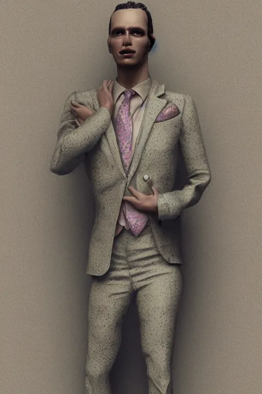 Prompt: a scene with a creature wearing a super detailed muted color diy! suit with fluo details, vivienne westwood!, detailed photoreal render octane render, pointillism, full body