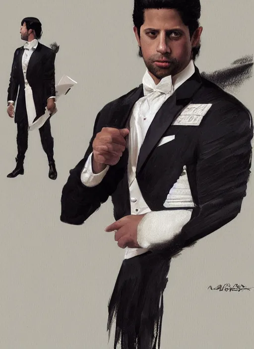 Image similar to a professional painting of Adam Rodriguez as a handsome young prince, wearing an high fashion paper tuxedo, intricate, elegant, digital painting, concept art, smooth, sharp focus, illustration, from Metal Gear, by Ruan Jia and Mandy Jurgens and Artgerm and William-Adolphe Bouguereau