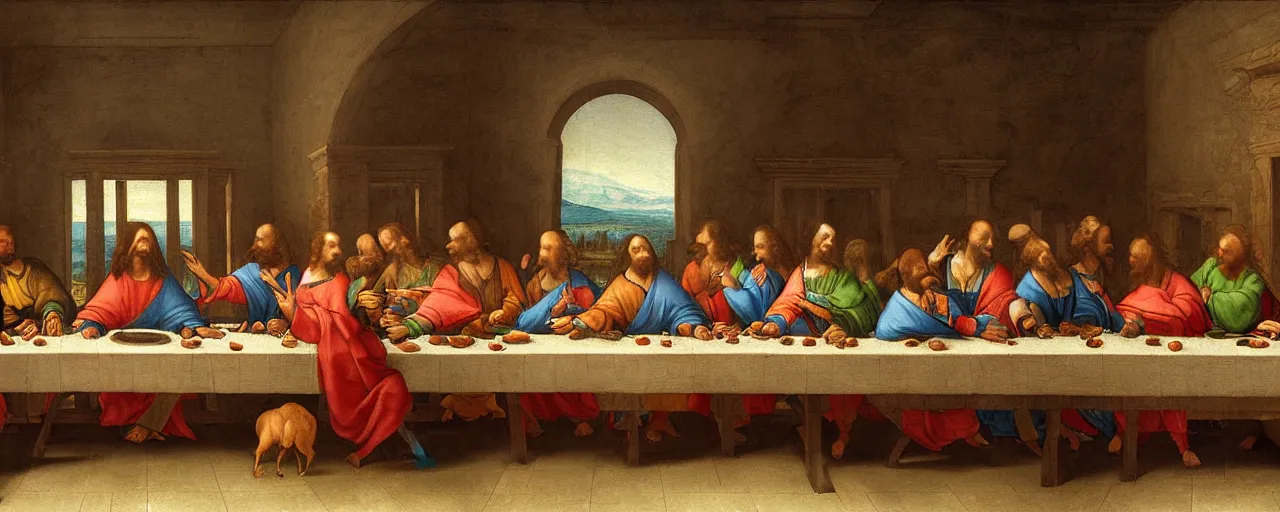 Image similar to A painting in the style of the last supper by Leonardo Da Vinci but with animals instead of people. High detail