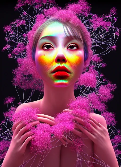 Image similar to hyper detailed 3d render like a Oil painting - kawaii Aurora (Singer) seen Eating of the Strangling network of yellowcake aerochrome and milky Fruit and Her delicate Hands hold of gossamer polyp blossoms bring iridescent fungal flowers whose spores black the foolish stars by Jacek Yerka, Mariusz Lewandowski, Houdini algorithmic generative render, Abstract brush strokes, Masterpiece, Edward Hopper and James Gilleard, Zdzislaw Beksinski, Mark Ryden, Wolfgang Lettl, hints of Yayoi Kasuma, octane render, 8k