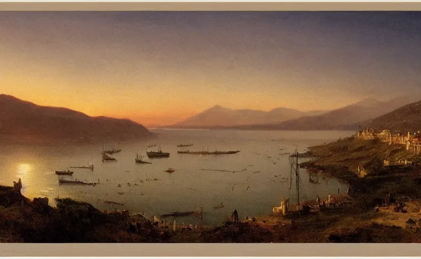 Image similar to early 1900s port town on a hill overlooking the ocean, at dusk, distant mountains, 4k, rule of thirds, extreme detail, hazy water, intricate ink illustration, trending on artstation, cgsociety, hd, calm, complimentary colours, realistic lighting, by Albert Bierstadt, Frederic Edwin Church.