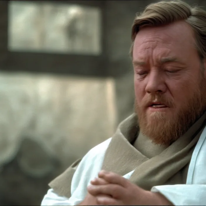 Image similar to obi wan kenobi but obese!! and overweight, photoralistic rendering, movie still, screenshot, hyperdetailed