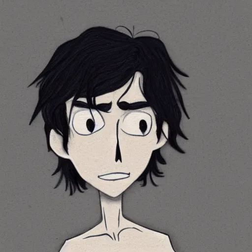 Image similar to young man portrait, black hair, skinny, sleep deprived, corpse bride art style