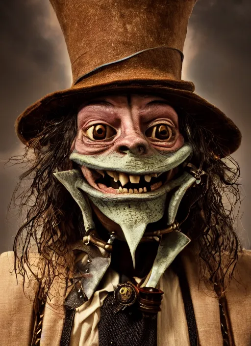 Image similar to closeup portrait of a steampunk medieval goblin wearing a top hat, depth of field, zeiss lens, detailed, symmetrical, centered, fashion photoshoot, by Annie Leibovitz and Steve McCurry, David Lazar, Jimmy Nelsson, Breathtaking, 8k resolution, extremely detailed, beautiful, establishing shot, artistic, hyperrealistic, beautiful face, octane render