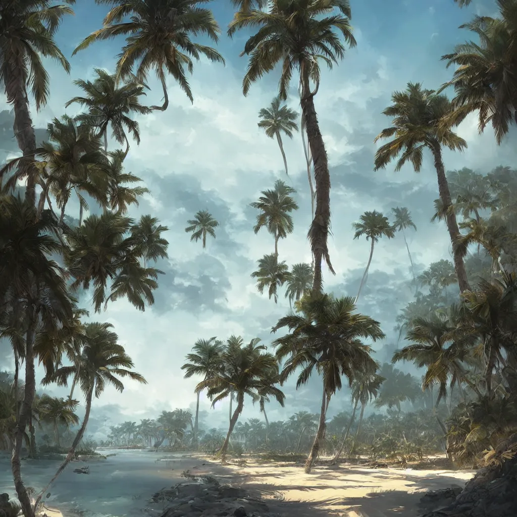 Prompt: Digital art of palm island, high quality artwork by Greg Rutkowski