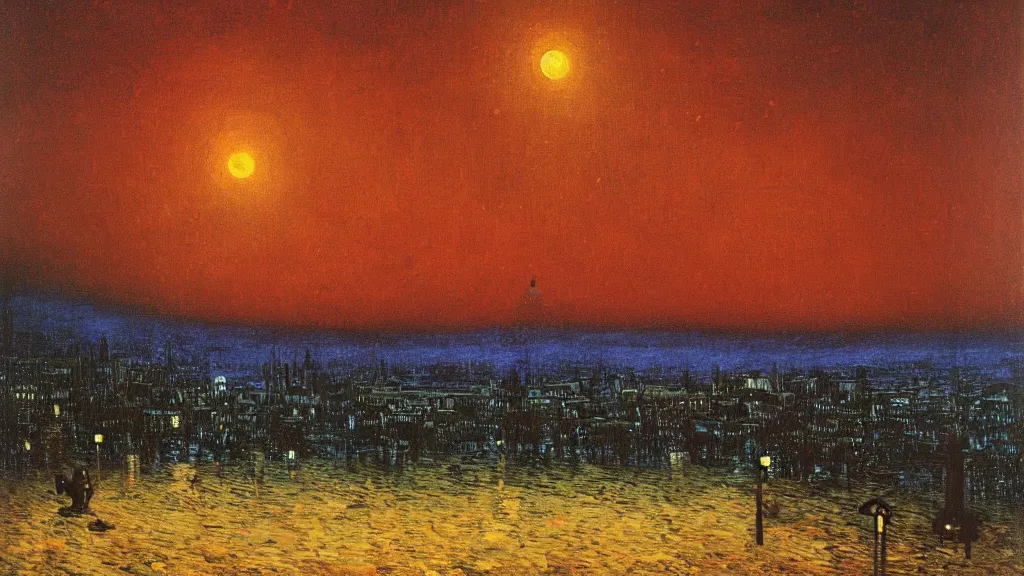 Prompt: City at night Landscape oil painting by Zdzisław Beksiński and Van Gogh