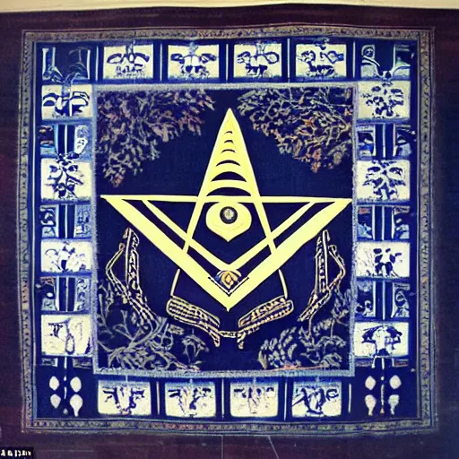 Image similar to a masonic carpet showing the symbols of the master mason, hanging in a masonic lodge