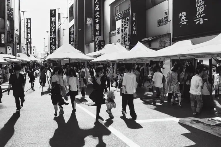 Image similar to still photo of a japanese street festival, black and white color aesthetic, highly detailed, photorealistic portrait, bright studio setting, studio lighting, crisp quality and light reflections, unreal engine 5 quality render