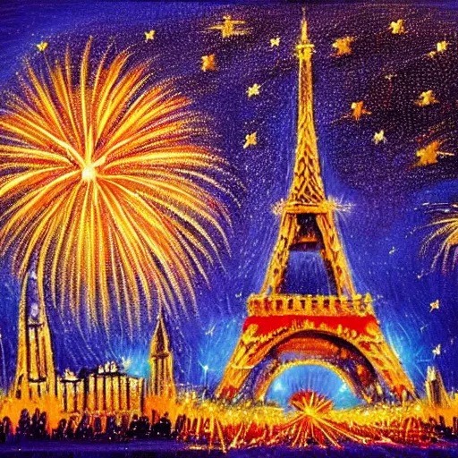 Image similar to Eiffel Tower with fireworks in the sky painting in the style of Starry Night