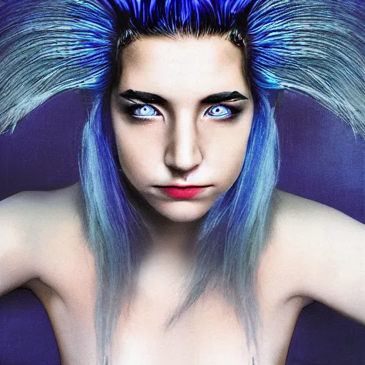 Prompt: portrait of young girl half dragon half human , dragon skin, dragon eyes, dragon crown, blue hair, long hair, By David Lynch