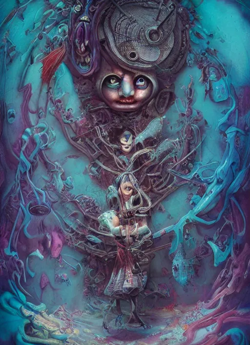 Image similar to alice in wonderland, polynesian god, alien, highly detailed, cinematic, 8 k, by megan duncanson, benjamin lacombe, adrian borda, stanley artgermm, tom bagshaw, craig mullins, carne griffiths, ayami kojima, beksinski, giger, trending on deviantart, hyper detailed, horror, full of colour