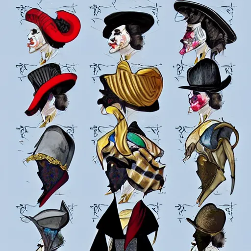 Prompt: clothing design ideas, concept sheet, jester crown tophat,