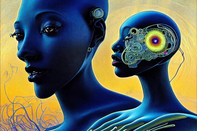 Image similar to realistic extremely detailed portrait painting of a beautiful black woman with a robot, futuristic sci-fi landscape on background by Jean Delville, Amano, Yves Tanguy, Mark Brooks, Alphonse Mucha, Ernst Haeckel, Edward Robert Hughes, Roger Dean, rich moody colours, blue eyes