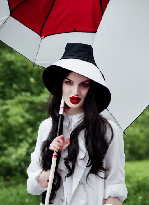 Image similar to a beautiful white pale skin girl, black and white, vibrent red lipstick, umbrella, hat