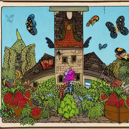 Prompt: a house with a tower, owl, butterflies, berries, lowbrow in the style of hans arnold, 8 k, from far away,