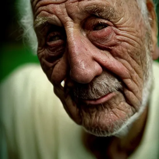 Prompt: A close-up portrait of an extremely wrinkly, old, weathered, wizened man, soft butterfly lighting, Fujifilm Velvia, F 1.2