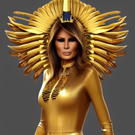 Image similar to melania trump with golden pharaoh headdress, and angel wings, elegant, angelic, trending on artstation