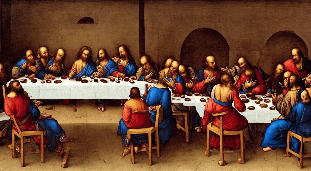 Prompt: “Painting of The Last Supper, everybody sat at the table staring at their smartphones, Leonardo Da Vinci, 1498, Tempera on gesso, pitch, and mastic”