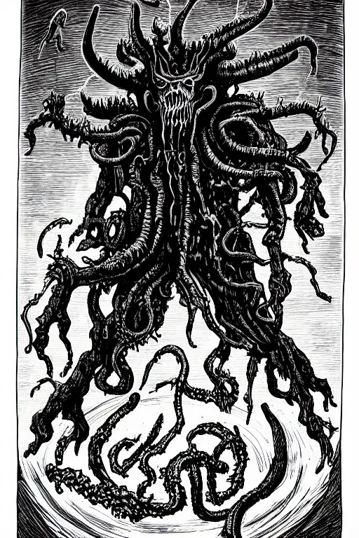 Prompt: The unknowable cosmic horror elder God of insanity and depravity, chthonic, protoplasmic, colossal, eternal, hell