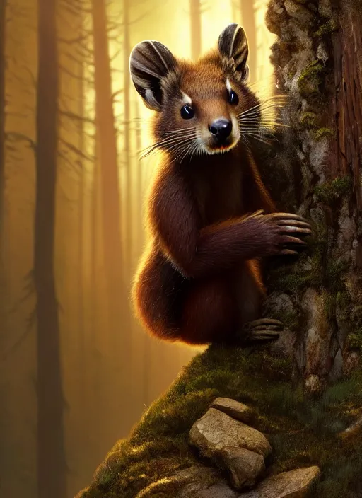 Prompt: a beautiful closeup shot from a fantasy film of a humanoid grey pine marten wearing a loose tunic. an anthropomorphic pine marten. golden hour. rim lighting. joseph ducreux, greg rutkowski.