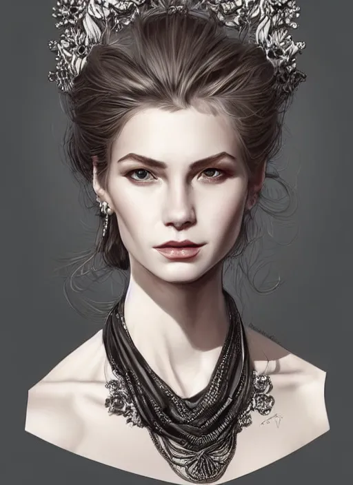 Image similar to portrait of finnish woman, accessories, elegant, highly detailed, digital illustration, trending in artstation, trending in pinterest, glamor pose, concept art, smooth, sharp focus, art by gustave gourbet