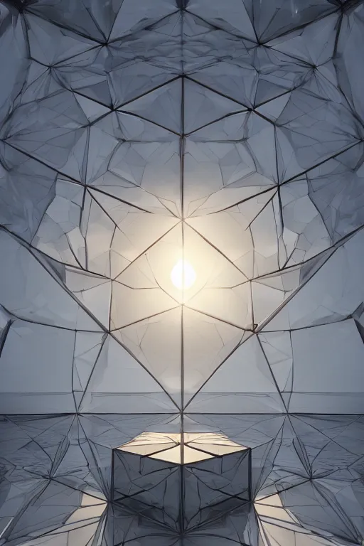 Image similar to a giant cubic crystal on a white table near a window at sunset, hyperrealistic, highly detailed, high qualit, 8K, godrays, warm lighting, path traced, high coherence, calm, macro photo, symmetrical, photorealistic, low contrast, serene landscape, beautiful, geometric, octane render