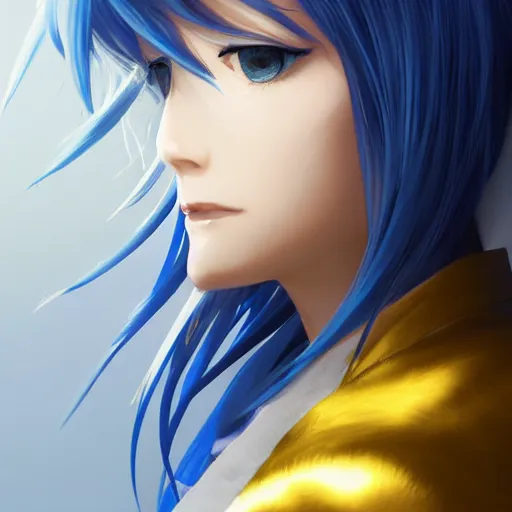 Prompt: profile shot of rimuru tempest, sky blue hair, ponytail, long bangs, gold eyes, black jacket with white stripes and a high collar, highly detailed, roman city, professional art, concept art, shutterstock, cinematic, wlop | art by pixiv, ilya kuvshinov, greg rutkowski, yoshitaka amano