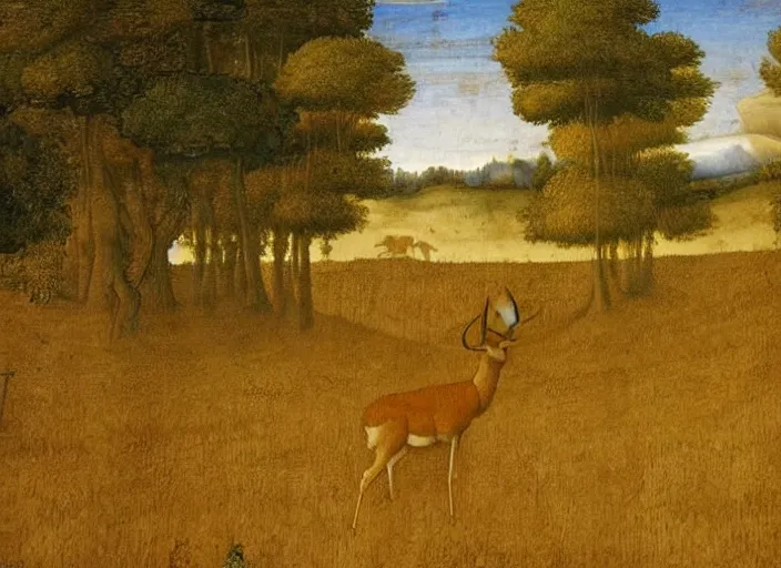 Prompt: A painting in the style Leonardo Da Vinci of a deer standing in a wheat field surrounded by a forest, very detailed, very beautiful