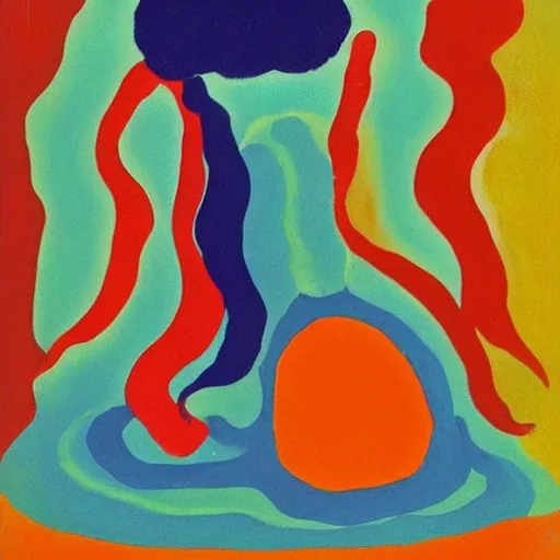 Prompt: doom by etel adnan. the experimental art of the moment when the goddess venus is born from the sea. she is shown standing on a giant clam shell, with her long, flowing hair blowing in the wind. the experimental art is full of light & color, & venus looks like she is about to step into a beautiful, bright future.