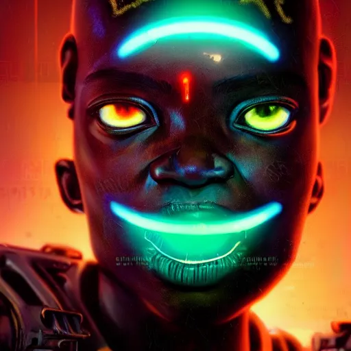 Prompt: a dark and ominous cyborg african child soldier with glowing eyes and neon facial warpaint, neon graffiti, Apex Legends character digital illustration portrait design, by android jones and greg rutkowski in a cyberpunk voodoo style, retrowave color scheme, detailed, cinematic lighting, wide angle action dynamic portrait