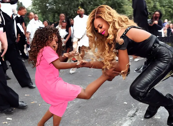 Image similar to a photograph of Beyonce tearing a child in half