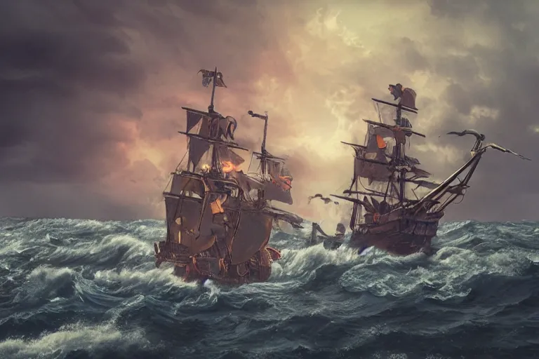 Image similar to epic pirate ship cannon battle in a storm, in the style of vernon grant and chris van allsburg, raging stormy sea, trending on artstation, bright tilt - shift camcorder effect, photoshop, retrowave, hyperrealism, octane, sharp focus, masterpiece