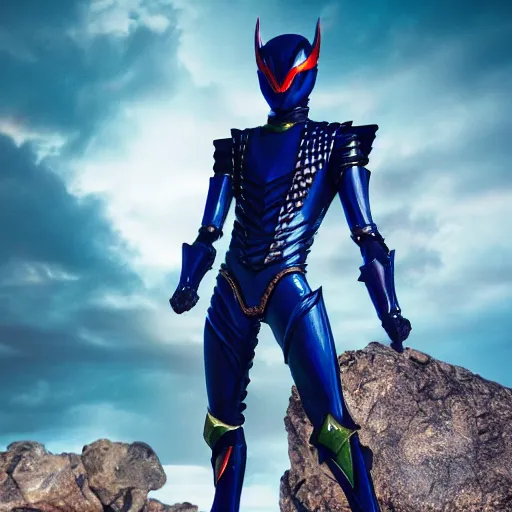 Image similar to High Fantasy Kamen Rider standing in a rock quarry, full body, 4k, glowing eyes, daytime, rubber suit, dark blue segmented armor, dragon inspired armor, centered in frame, promotional picture