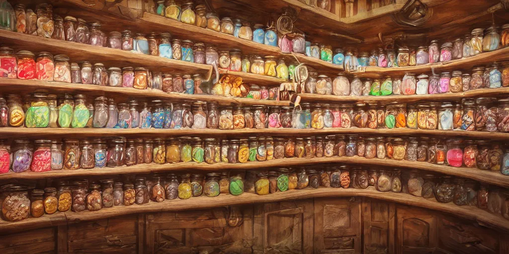 Prompt: Inside an old sweet shop, large jars on shelves with labels, fantasy vendor interior, wide angle, cinematic, highly detailed, photorealistic, rich bright colors, trending on artstation