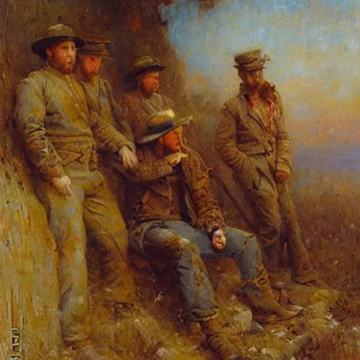 Prompt: Gaston Bussiere painting of tired and battered soldiers looking up and observing the first rays of sunlight during dawnbreak, dramatic painting, dark, scary