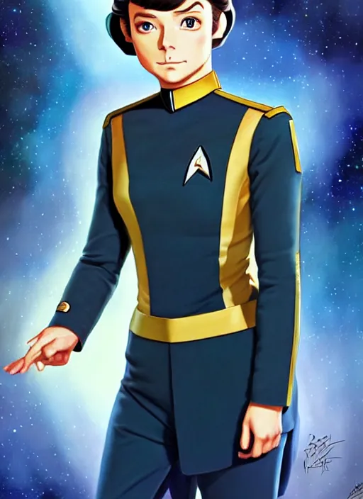 Image similar to cute star trek officer napoleon bonaparte, natural lighting, path traced, highly detailed, high quality, digital painting, by don bluth and ross tran and studio ghibli and alphonse mucha, artgerm