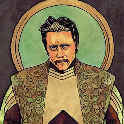 Image similar to an art nouveau portrait of Christoph Walken as a Klingon Warrior, award winning, dramatic