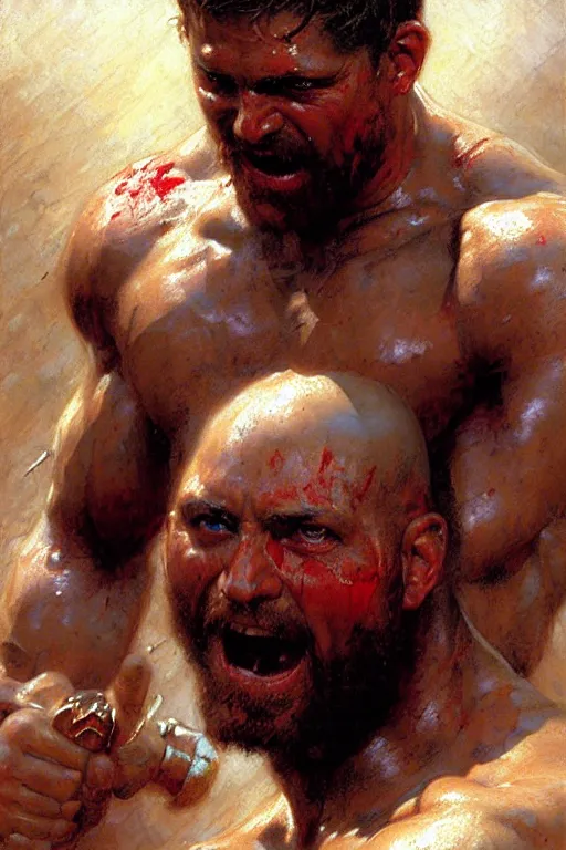 Prompt: Gladiator, blood, sweat, muscular, detailed face, correct face, painting by Gaston Bussiere, Craig Mullins