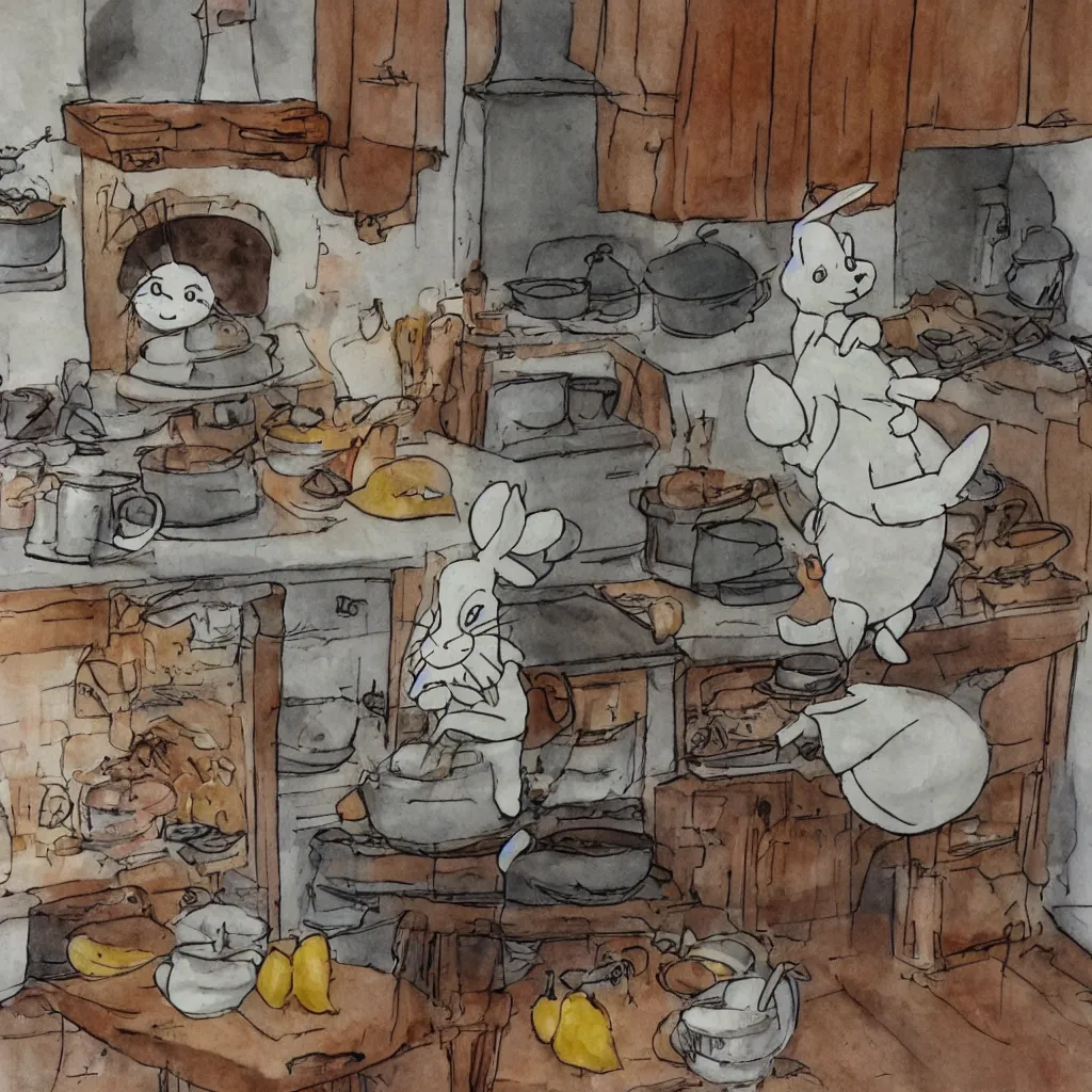 Image similar to a rabbit cooking in a french cozy kitchen in the style of studio ghibli