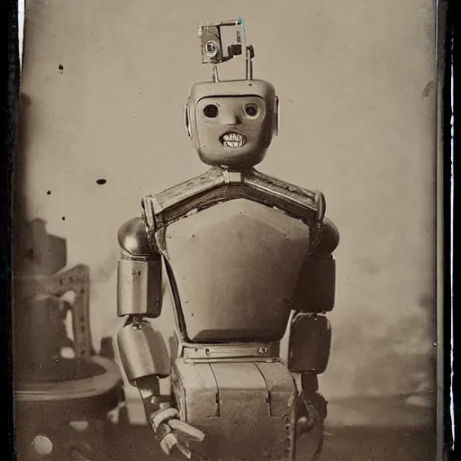 Image similar to humanoid robot, advanced humanoid robots, sleek robot, in log cabin living room, tintype photograph, daguerrotype, 1 8 7 0 s photograph