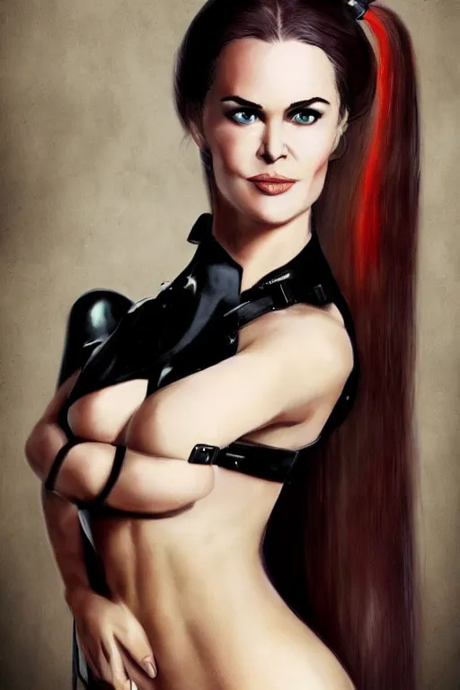 Image similar to mix of beautiful young maria shriver, mariel hemmingway, brooke shields, nicole kidman and elle macpherson as a dominatrix, thin lips, hair tied up in a pony tail, dark blonde hair, colorful, deviantart, artstation, cgsociety