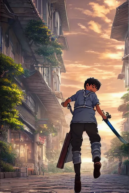 Image similar to ultra detailed keyart of sci - fy movie, a boy carrying a sword in his back is riding a simple bycycle in the main street of isekai shinjuku