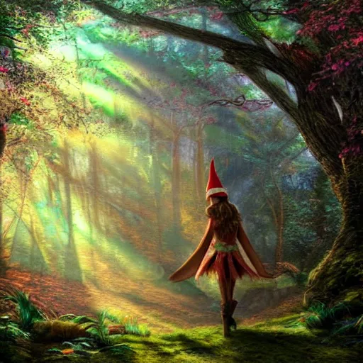 Prompt: photo of claire boucher as an elf, standing in a forest, fantasy rpg, dark woods in the background, light rays peaking through the tree, 8 k, art by thomas kinkade, very detailed, photo realism