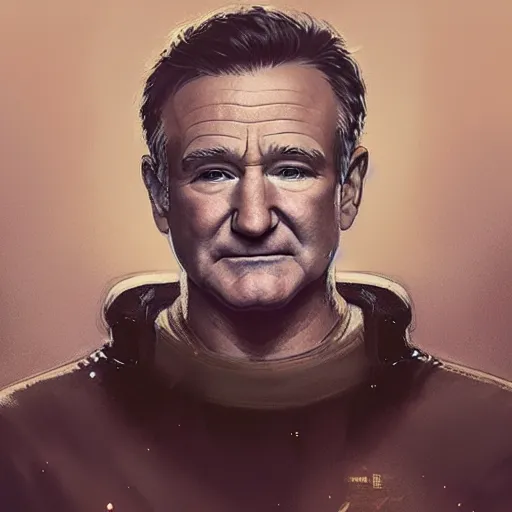 Image similar to robin williams dressed as a bladerunner, sci fi, intricate, elegant, highly detailed, digital painting, artstation, concept art, matte, sharp focus, illustration, art by greg rutkowski and alphonse mucha