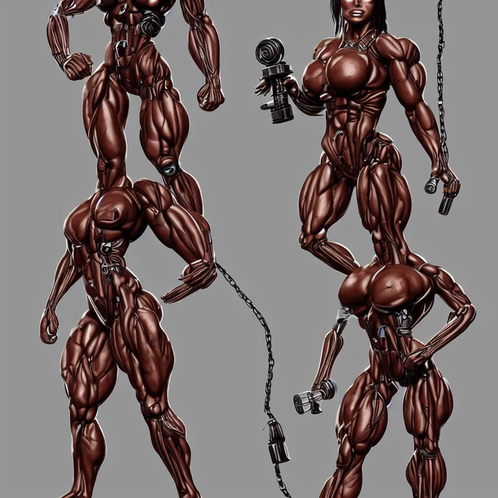 Image similar to character design, bodybuilder female terminator, open mechanical, electronics, veins, cables, rust, sparks