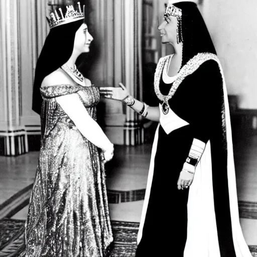 Image similar to detailed black and white photo of queen elizabeth ii meeting cleopatra in egypt