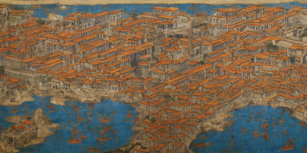 Prompt: A huge ancient Chinese port city, oil paintings, late medieval art, 13th century paintings, Siena school, Giotto, Marco Polo, highly detailed and impressive, 8k